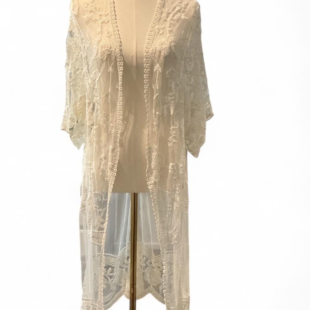 Maeven Bridal Luxury Lace Kimono Duster Women White Excellent Boho Floral Mesh